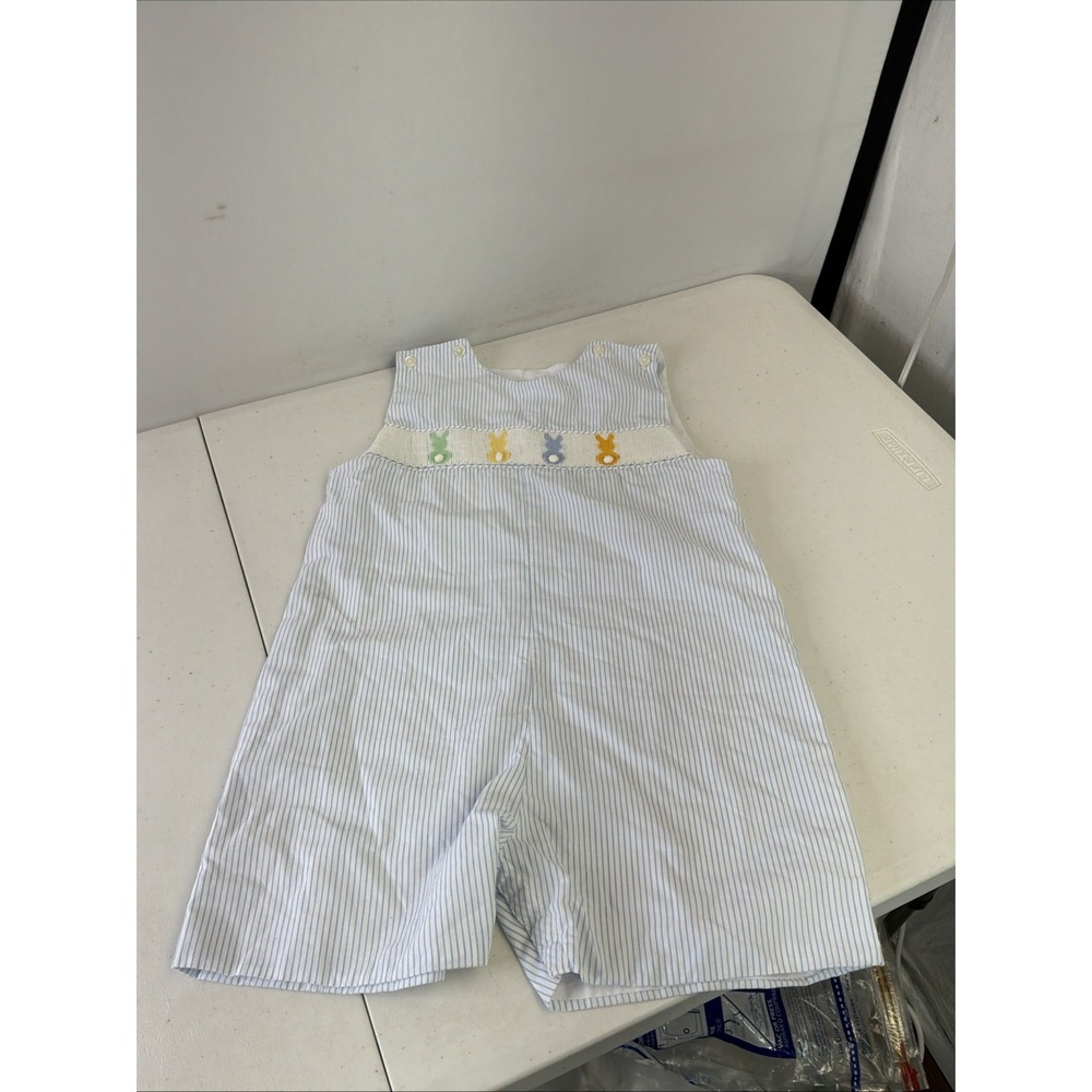 Petit Bebe Smocked Bunny Jon Jon Romper Boys 4T Easter Spring Striped Cute